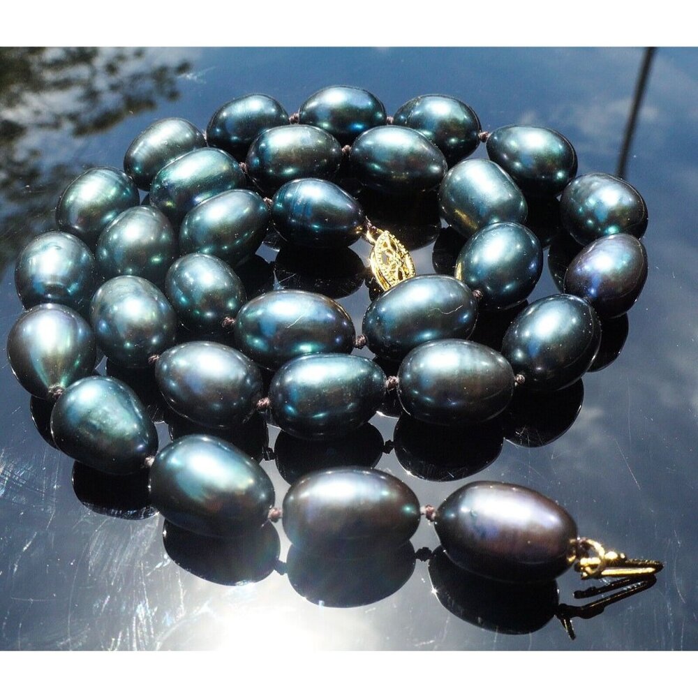 Vintage 14K Gold Large 12-14mm Black Tahitian Baroque Pearl Necklace 17" 55g